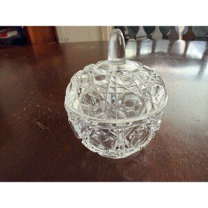 Vintage Clear Cut Glass Candy Dish With Lid Starburst & Diamond Pattern 4.5" Dia